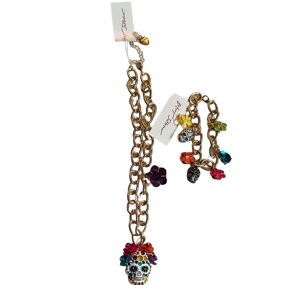 Betsey Johnson Skull Necklace and Matching Charm Bracelet NWT